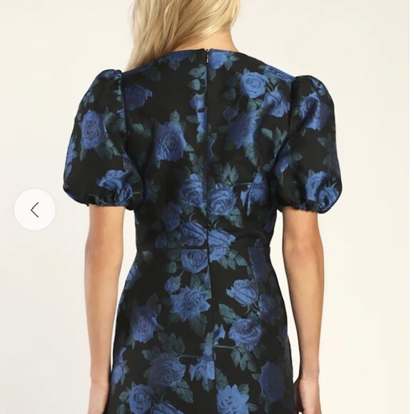 Lulus Whimsical Sweetheart Black Floral Jacquard Puff Sleeve Dress - Size S - Picture 4 of 6